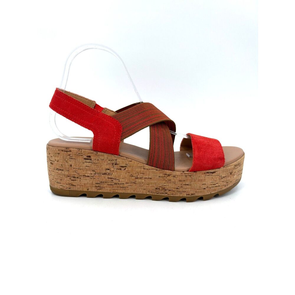 SOREL Cameron Flatform Slingback Red Suede Cork Wedge Platform Sandals Womens 9